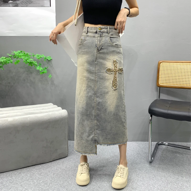 原创定制春夏新款弹力高腰显瘦做旧后开叉牛仔半身裙女包臀长裙子 - 图0