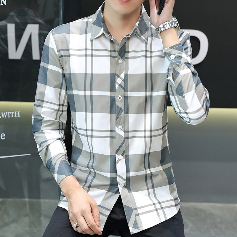 格子衬衫男士款春秋季潮流韩版修身百搭长袖衬衣休闲上装衣服外套,淘宝优惠券,粉丝福利购,淘宝优惠卷