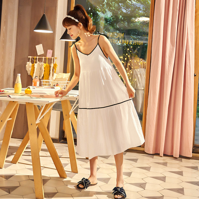 带胸垫夏季纯棉小性感长款过膝睡裙 麦珂曼睡裙