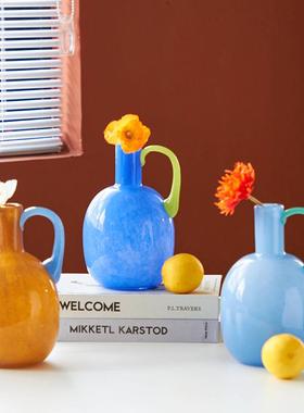 法式中古单耳玻璃花瓶ins氛围桌面电视柜软装酒店装饰水培彩色瓶