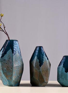 厂家直销欧式蓝色几何磨刻玻璃花瓶客厅花插摆件酒店样板间装饰