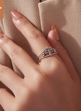 时予原创个性魅力生命树开口戒指流行通体s925纯银麻花戒指手饰