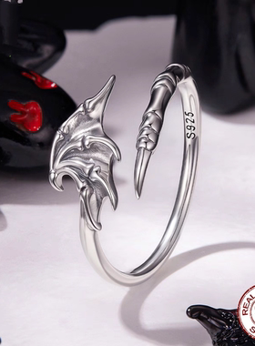 原创恶魔翅膀开口素银戒指欧美万圣节s925纯银个性戒指手饰小众女