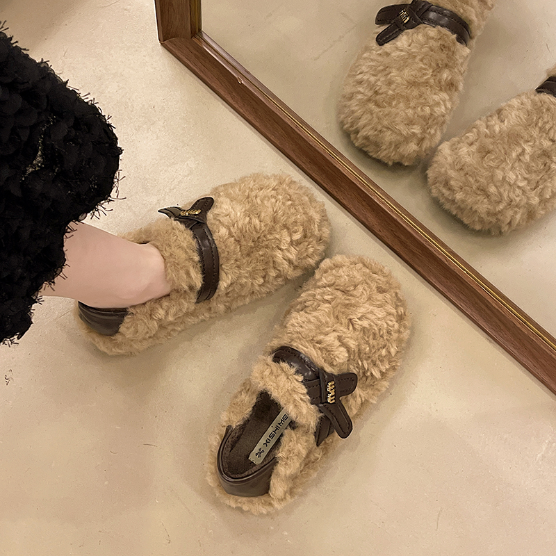 法式羊羔毛毛鞋女外穿2025冬季新款厚底百搭一脚蹬豆豆鞋加绒棉鞋 - 图1