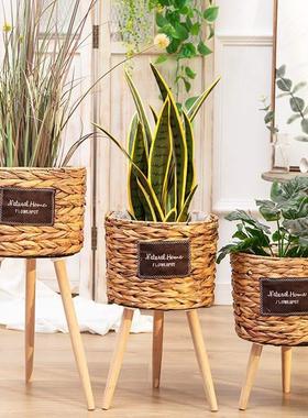 僮烨编织花盆草编花篮藤编落地木质高花架客厅装饰芦苇编织花盆