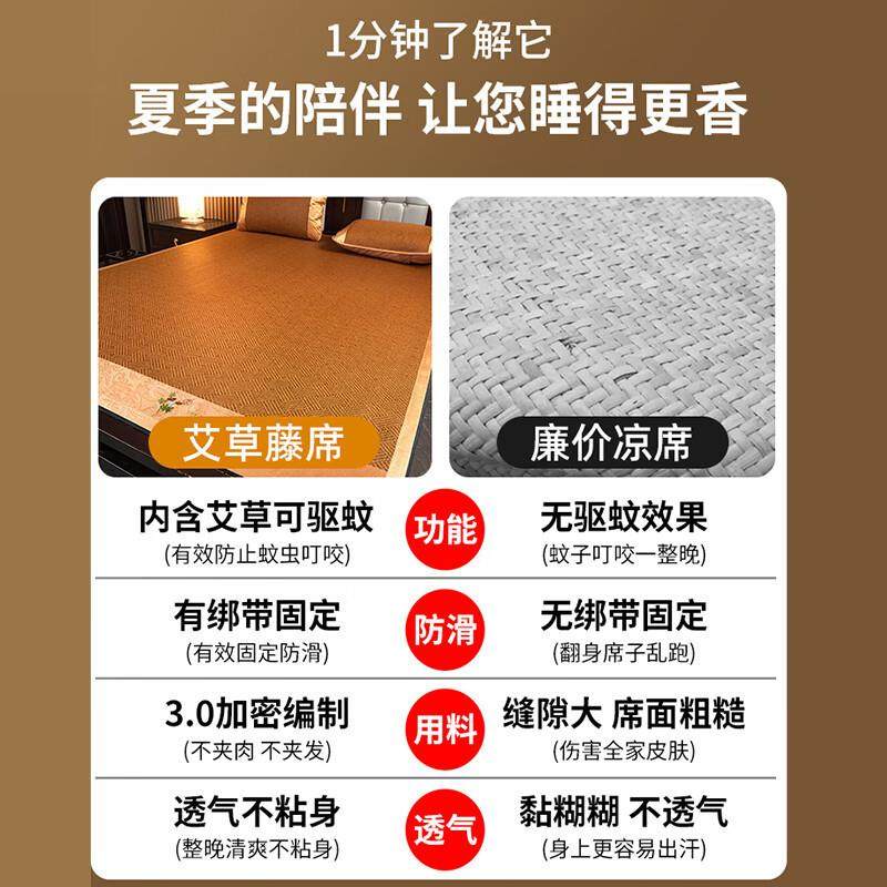 夏季艾草凉席藤席三件套双人床可折叠学生宿舍冰丝席竹席席子,淘宝优惠券,粉丝福利购,淘宝优惠卷