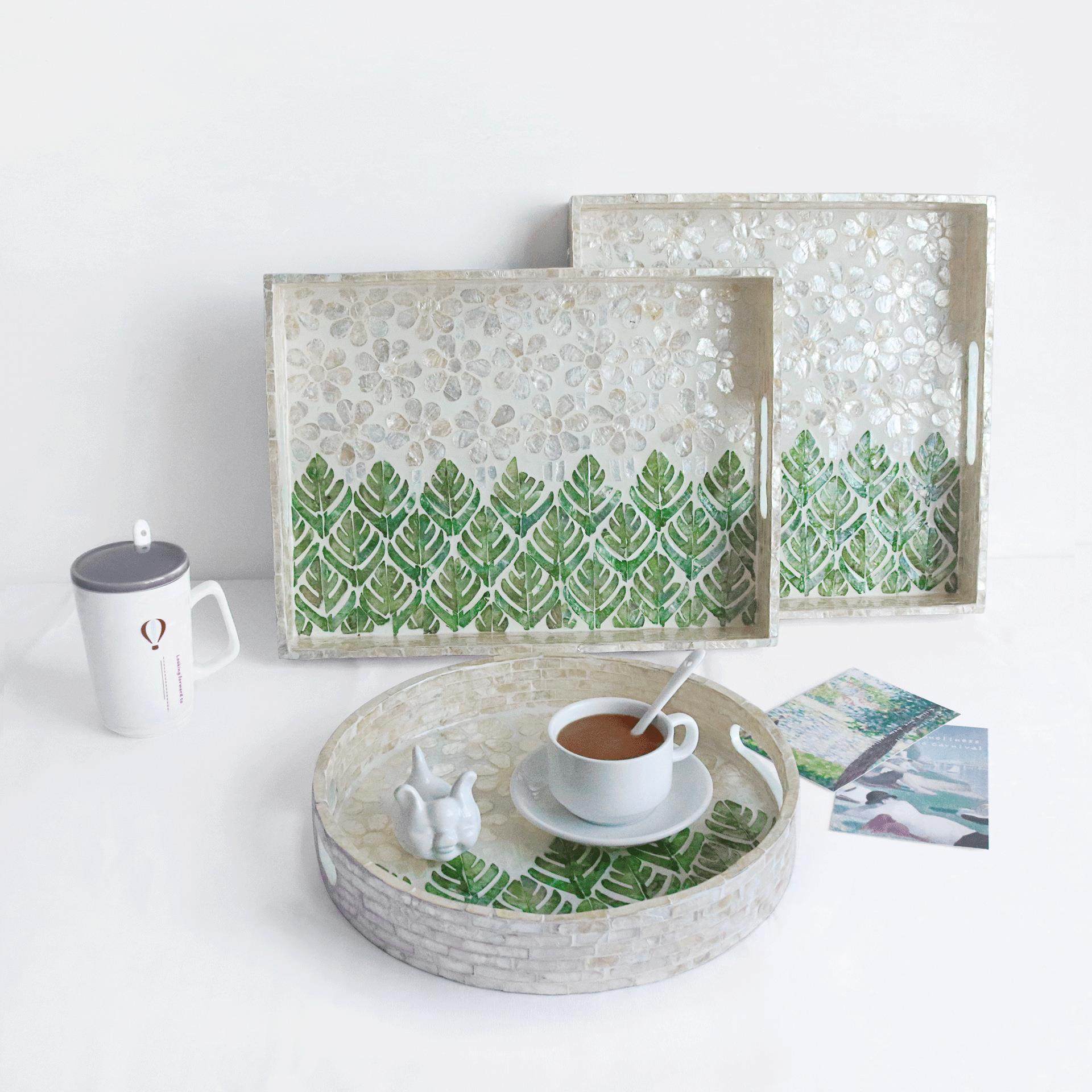 北欧ins彩贝壳收纳托盘家用方形茶盘木制桌面样板间置物盘,淘宝优惠券,粉丝福利购,淘宝优惠卷