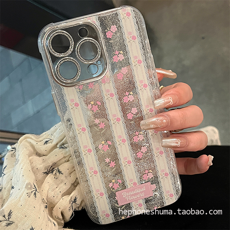 ins蕾丝甜美粉色小碎花适用iPhone15proMax苹果14promax手机壳12日韩少女款13Pro透明全包防摔自带闪钻镜头膜 - 图0