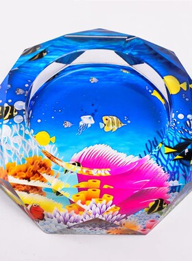 实用时尚水晶玻璃烟灰缸创意礼品精品高档海底世界彩印家居摆件
