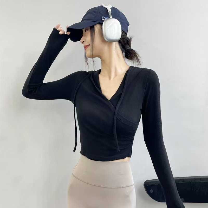 悠美YOGA连帽显瘦外穿瑜伽服上衣女交叉V领休闲运动跑步健身长袖 - 图2