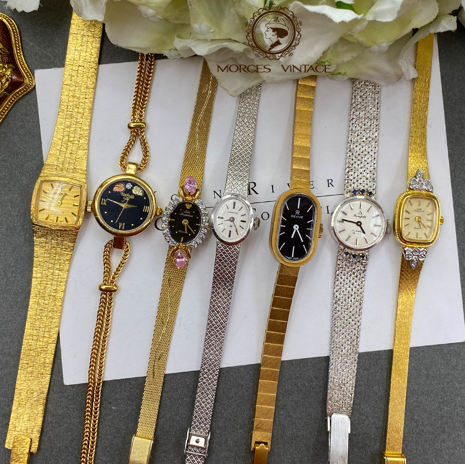 Vintage中古古董首饰彩宝珍珠水钻浮雕男女手镯手链石英机械表2_虎窝淘