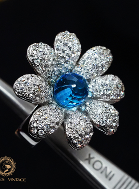Vintage中古首饰NOLAN MILLER银色奥地利水晶蓝色立体花心戒指