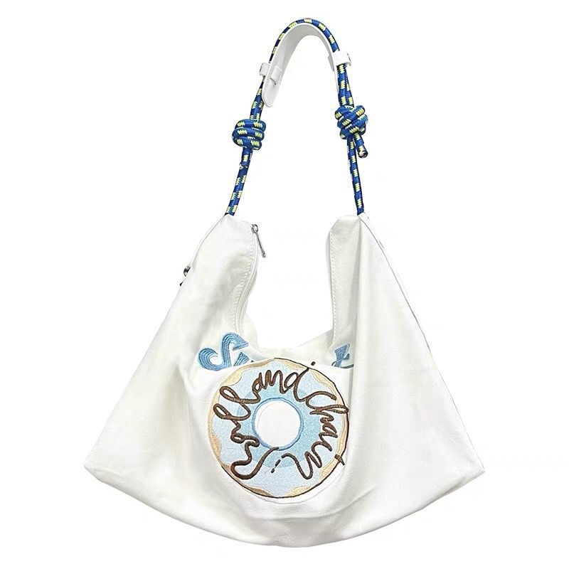 奶昔白！小众日系托特包包女2025新款刺绣甜甜圈斜挎单肩包大容量 - 图3