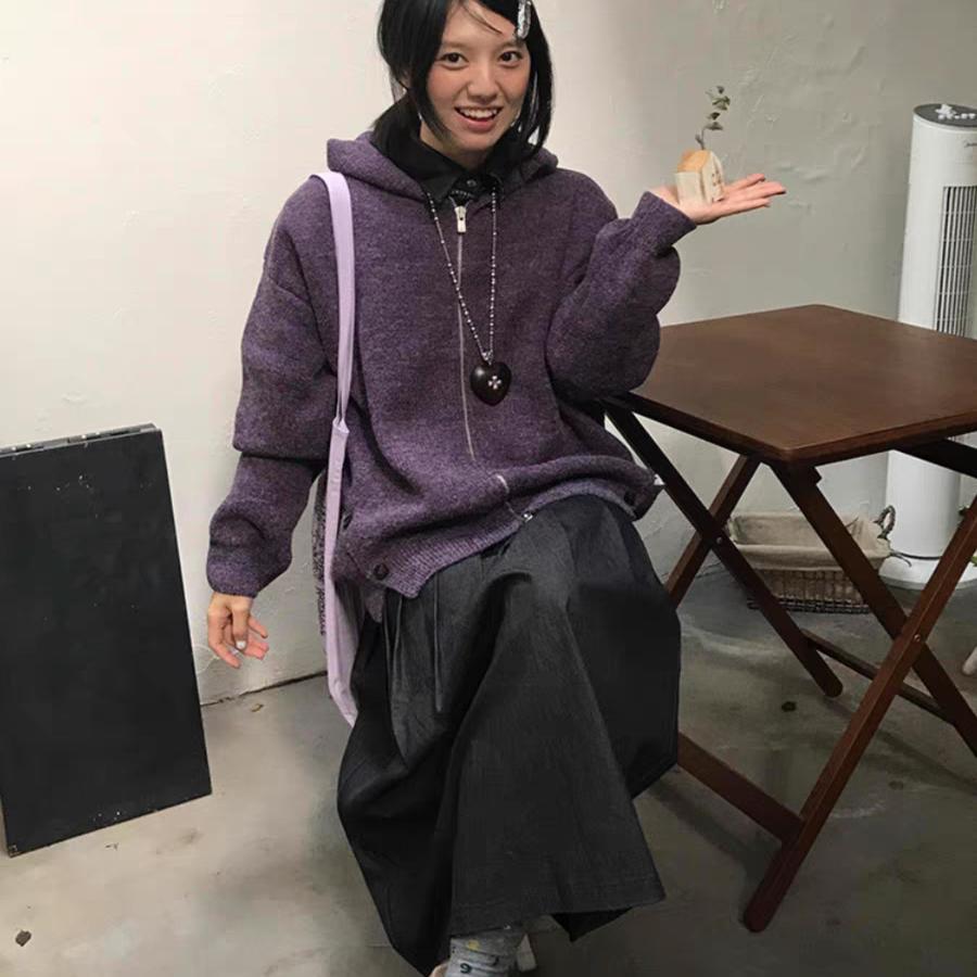 加厚版！紫色连帽拉链毛衣开衫女秋季新款韩版宽松长袖针织衫上衣 - 图3