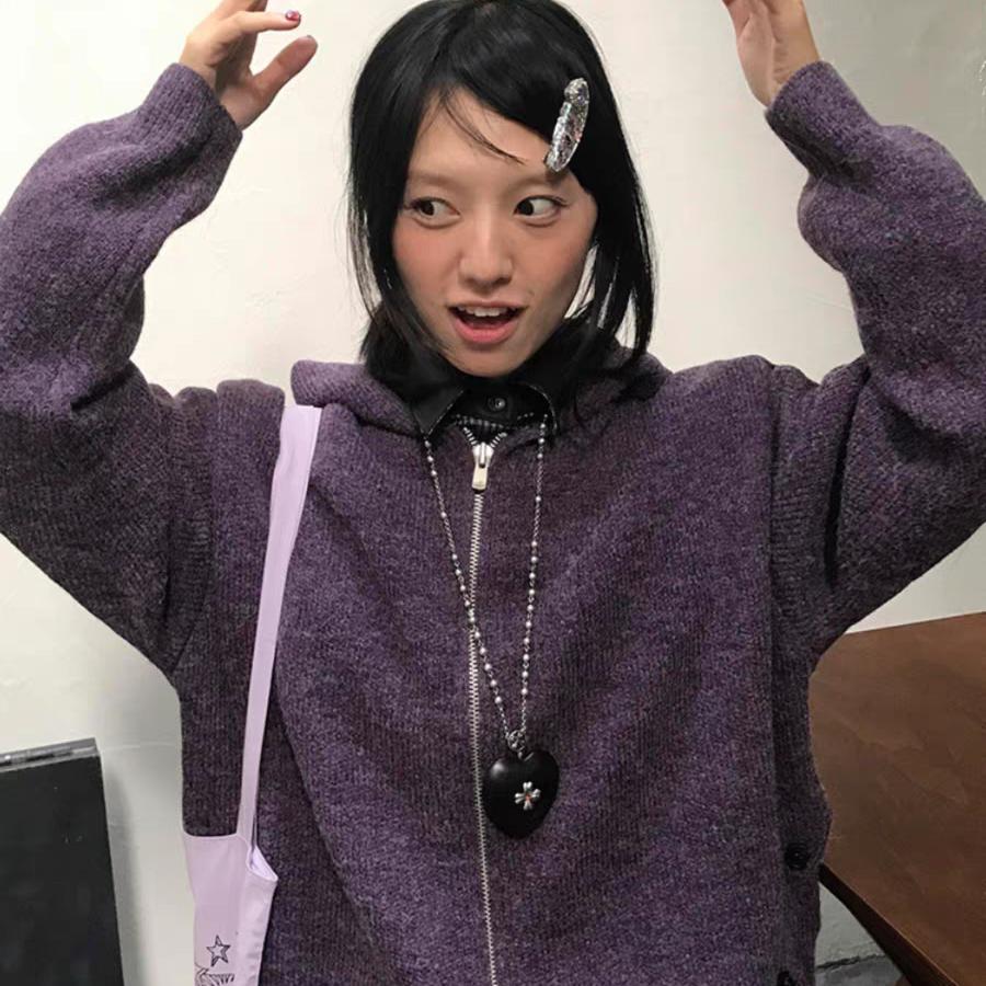 加厚版！紫色连帽拉链毛衣开衫女秋季新款韩版宽松长袖针织衫上衣 - 图1