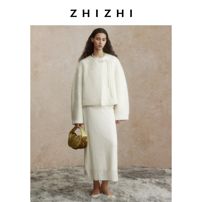 致知ZHIZHI 惜春令 新中式外套女2024冬新款马海毛短款毛呢