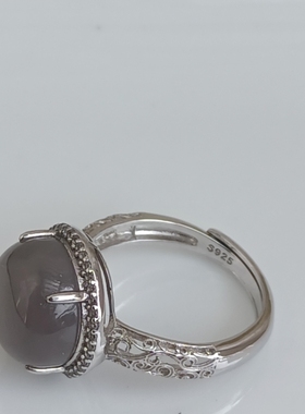 和田玉青海料烟紫戒指925银镶个性设计藕荷玉开口戒送妈妈礼物