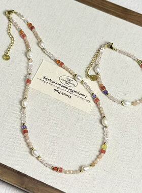 春夏新品复古天然石彩色项链淡水珍珠百搭高级感锁骨链精致项链女