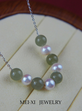 晴水色和田玉极光淡水珍珠项链