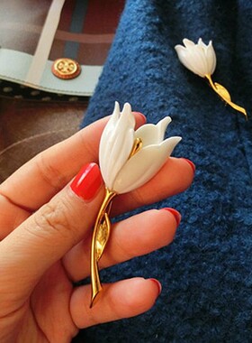 文艺风复古郁金香白玉兰花别针
