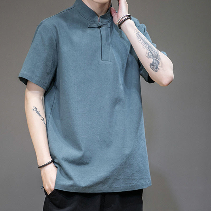 夏季中国风短袖t恤男唐装棉亚麻 埃萨T恤