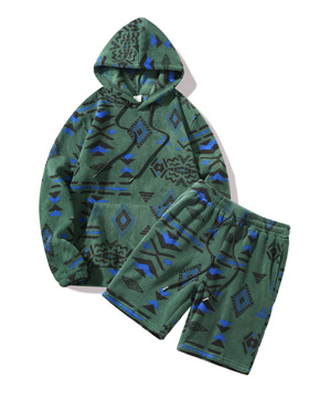 men's hooded hoodie+shorts套装休闲口袋加厚抽绳长袖卫衣短裤男