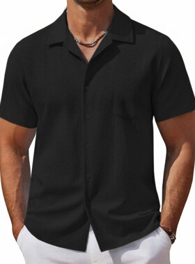 men's shirts男装 新款古巴领短袖衬衫 度假风纯色男士衬衣a0305