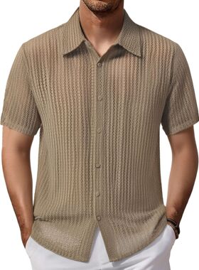 men's shirts男装 男士休闲针织衬衫 新款翻领镂空透气短袖上衣