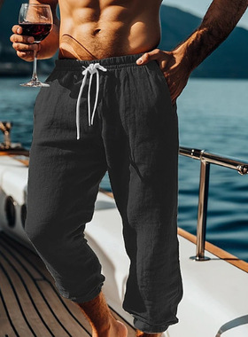 men's pants新款束脚口男士亚九分裤沙滩裤口袋抽绳松紧腰纯色