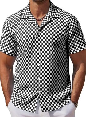 men's shirts男装 欧美经典棋盘格提花面料衬衫 美系古巴领短袖