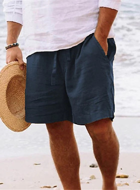 men's shorts男式短裤棉抽绳松紧腰直腿纯色舒适透气短日常沙滩