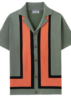 men's t-shirts男装欧美男士撞色针织衫时尚古巴领短袖镂空针织