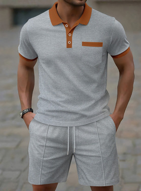 men's shirt shorts华夫格男士套装欧美风翻领拼色短袖短裤两件套