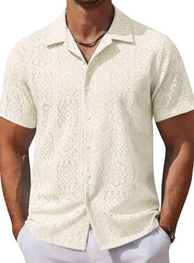 men's shirts 欧美休闲镂空男士衬衫新款蕾丝短袖衬衣男装外贸man