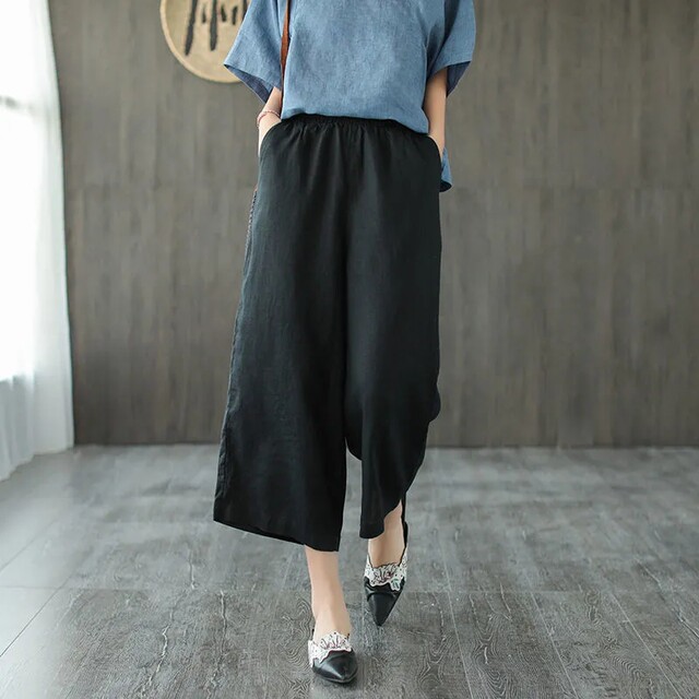 Cotton and linen three-quarter wide-leg pants for women, summer loose cropped pants