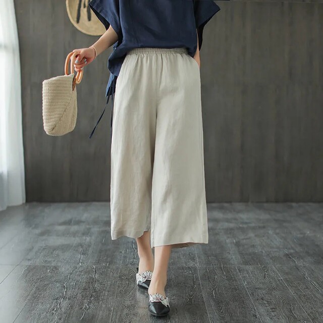 Cotton and linen three-quarter wide-leg pants for women, summer loose cropped pants