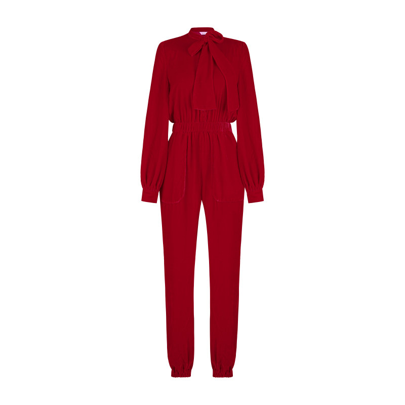 XULU原创新款真丝红色丝绒法式轻奢系带高腰修身泡泡袖松紧连体裤,淘宝优惠券,粉丝福利购,淘宝优惠卷