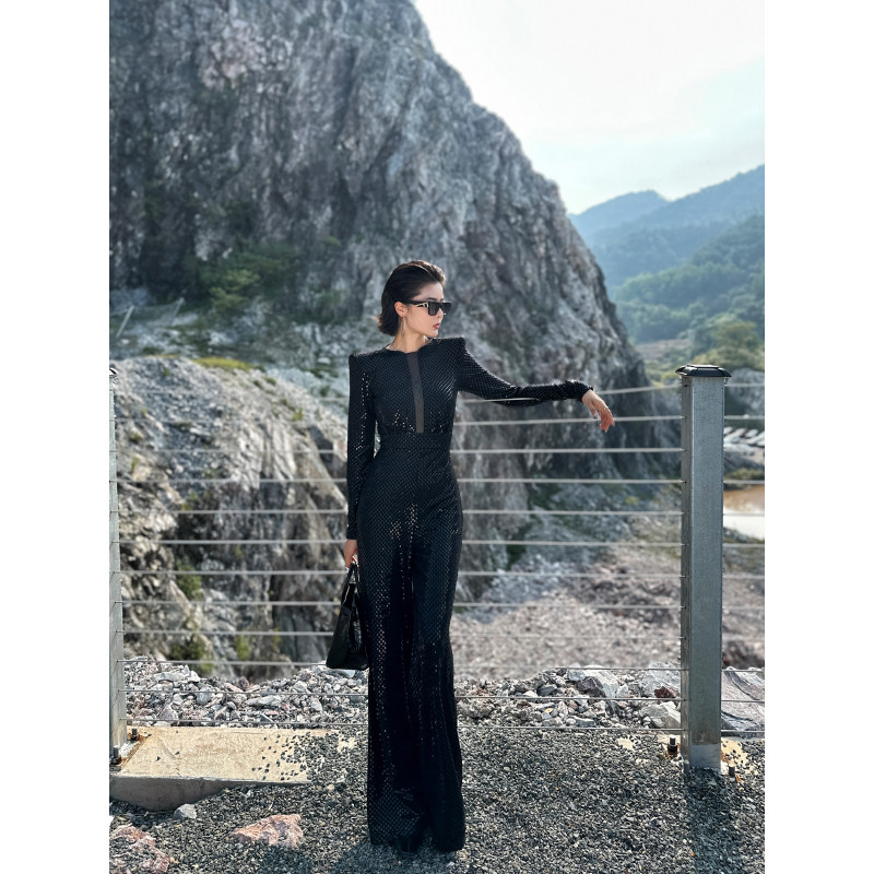 XULU原创欧洲进口亮片缀饰网纱透视拼接性感轻奢收腰阔腿连体裤,淘宝优惠券,粉丝福利购,淘宝优惠卷