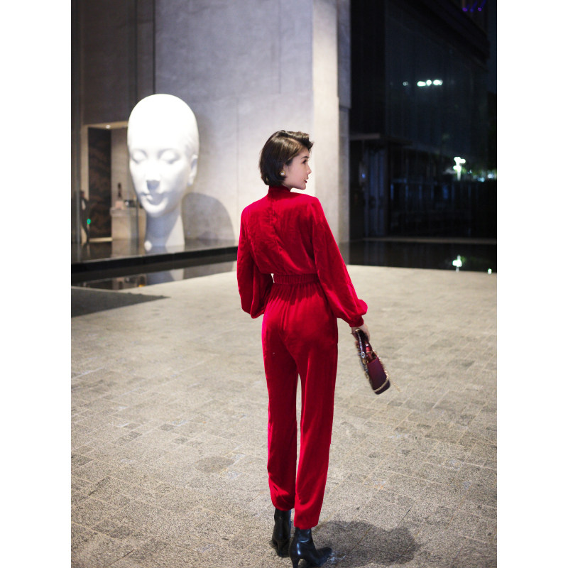 XULU原创新款真丝红色丝绒法式轻奢系带高腰修身泡泡袖松紧连体裤,淘宝优惠券,粉丝福利购,淘宝优惠卷