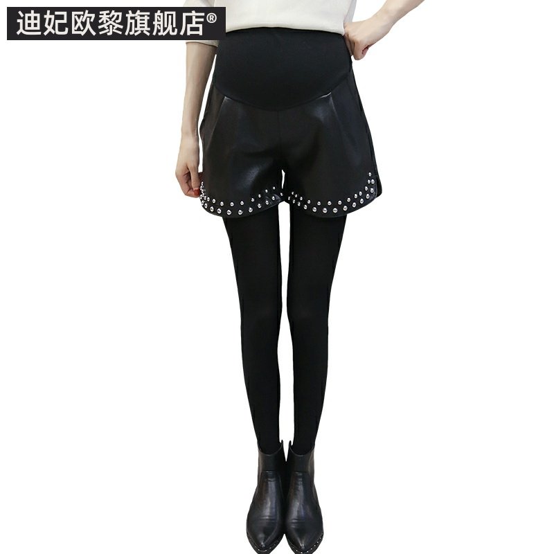 孕妇短裤秋冬款外穿阔腿皮打底裤 迪妃欧黎孕妇打底裤