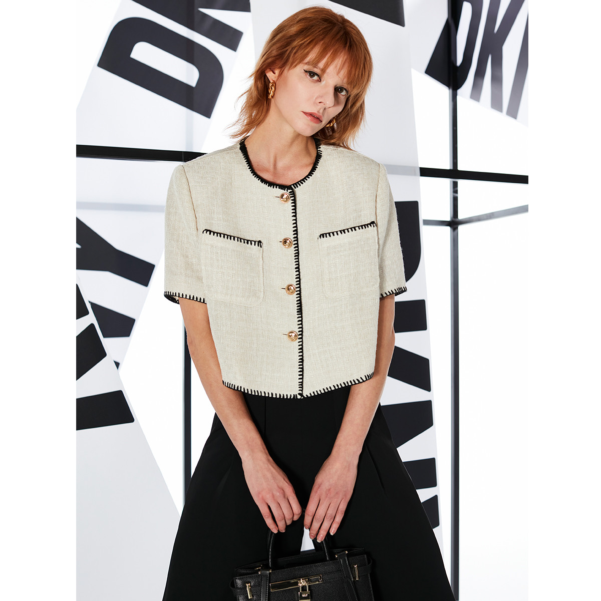 DKNY/唐可娜儿夏季女气质法式通勤锁边短款小香风开衫外套上衣 - 图0