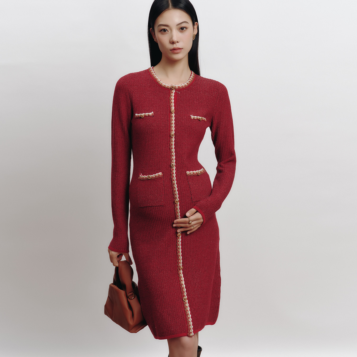 SELLYNEAR孕妇连衣裙时尚法式高级感穿搭正红色千金风小香针织裙,淘宝优惠券,粉丝福利购,淘宝优惠卷