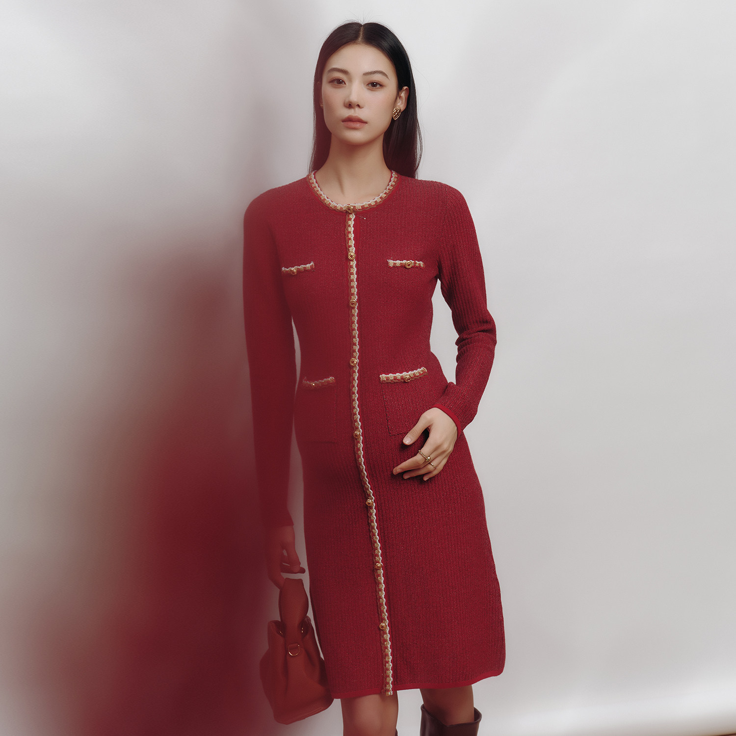 SELLYNEAR孕妇连衣裙时尚法式高级感穿搭正红色千金风小香针织裙,淘宝优惠券,粉丝福利购,淘宝优惠卷