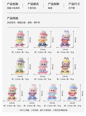 一组10个 植绒滑板拉布布公仔潮玩盲配件diy萌粒钥匙扣桌面小摆件