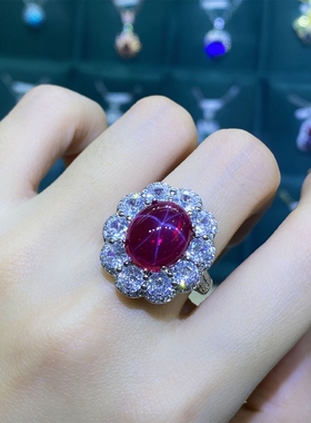 封底红刚玉星光钻鸽子蛋形10*12满钻开口戒指女 时尚气质网红指环