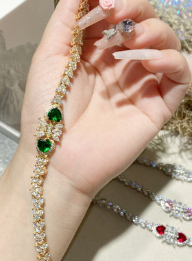 法式复古豪华祖母绿镶锆高端手链