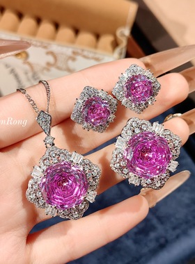 八角千禧玫瑰切冰川蓝项链