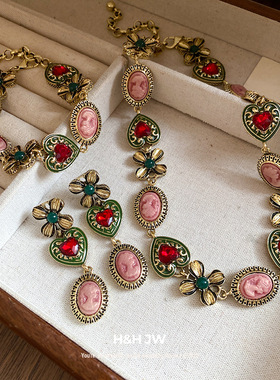 中古vintage饰品镶钻花朵爱心项链复古气质锁骨链轻奢高级感项饰