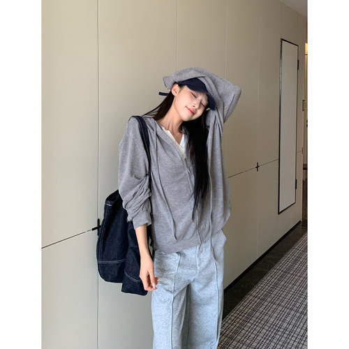 3MER哦哦三妹韩系慵懒风轻薄连帽外套女秋季新款长袖外搭开衫上衣 - 图2