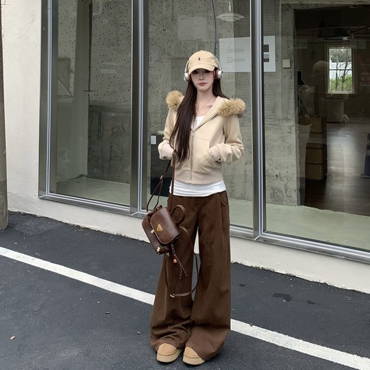 3MER detachable fur collar hooded cardigan sweatshirt jacket